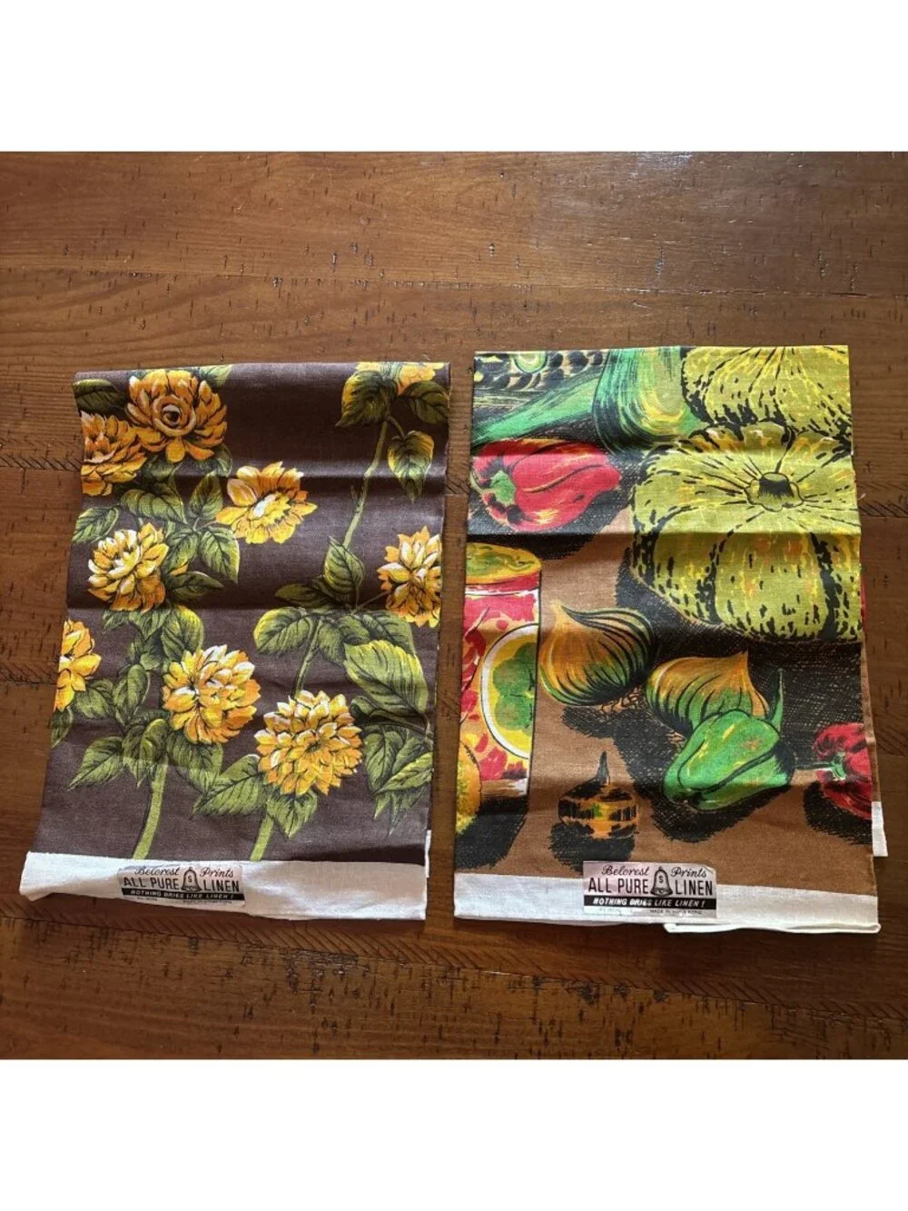 Vintage Belcrest 100% Linen Tea Towels Brown & Yellow 1960’s Set Of Two